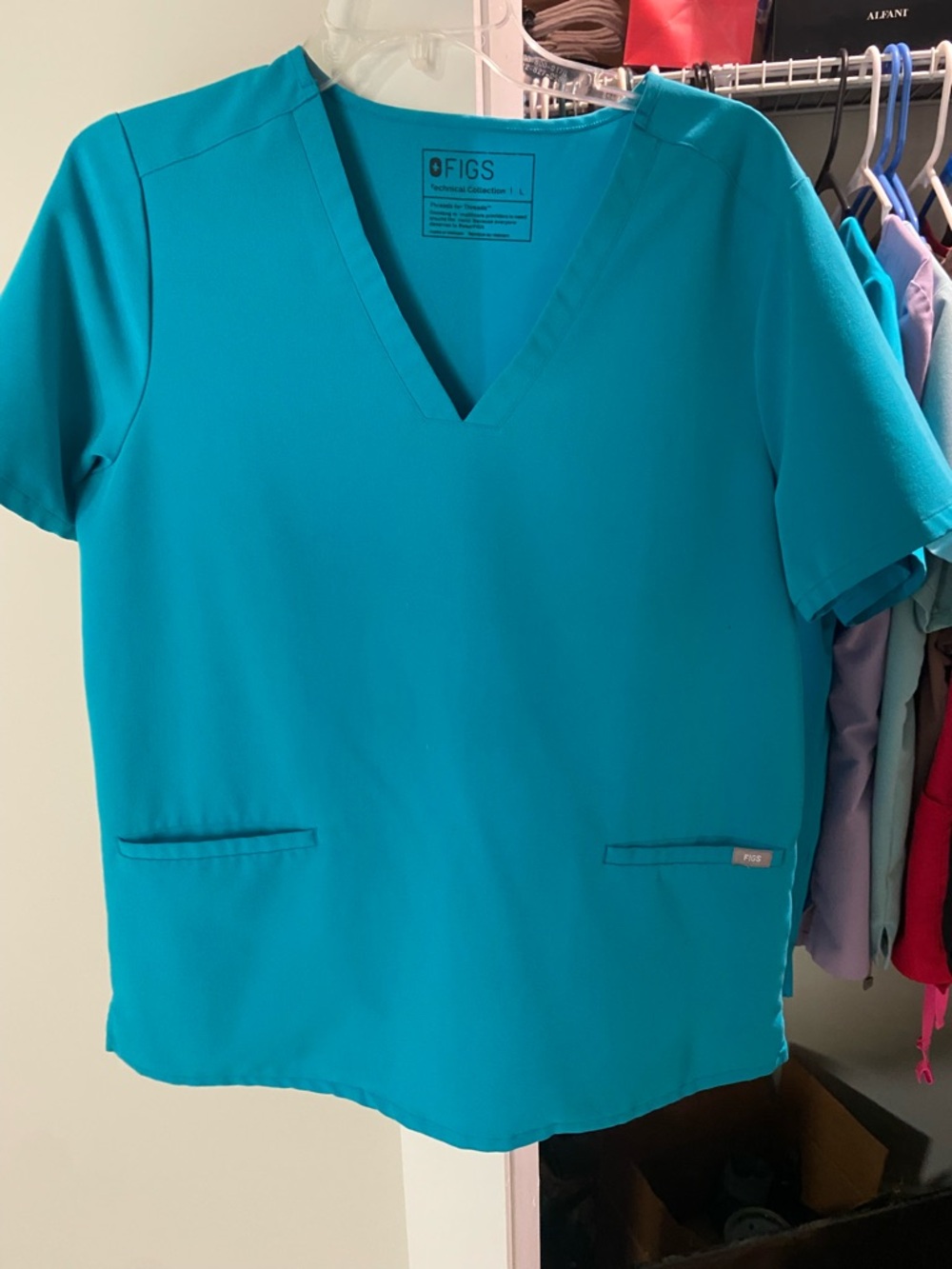 (2) FIGS Short-Sleeve V-Neck Scrub Tops in Teal with matching pants